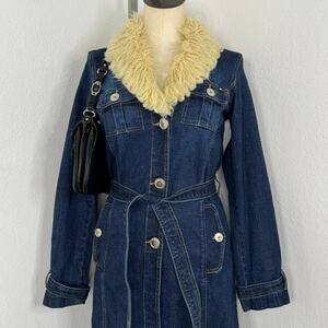 Vintage Y2K Tommy Hilfiger Denim Jeans Belted Trench Coat Faux Fur Collar￼